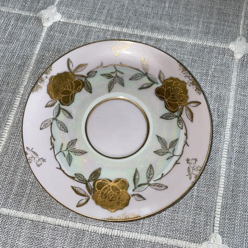 Vintage Lefton Iridescent Gold Rose Cup and Saucer Cup Set Hand Painted
